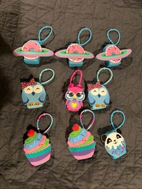 9 NEW Kids Cute Silicone Owl, Donut & Cupcake Bag Charms - Blue & Pink